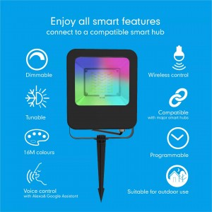 APP र RF रिमोट कन्ट्रोलरको साथ आउटडोर स्मार्ट फ्लड लाइट बाहिरी प्रयोगको लागि 16 मिलियन रंगहरू (RGB+ ट्युनेबल सेतो) भएको स्मार्ट नेतृत्वको फ्लड लाइट