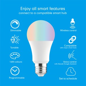 RGBCCT /CCT Smart Bulb Colour E26/E27/B22 මිලියන 16ක වර්ණ සහ සුසර කළ හැකි සුදු/සුසර කළ හැකි සුදු CBA