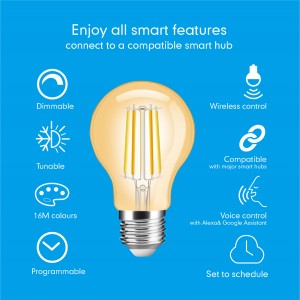 Dimmable Smart Filament Bulb E27 ቪንቴጅ ከተጣጣመ ነጭ 2200-6500K CBM