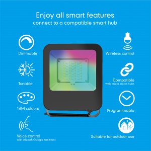 Outdoor Smart Flood Light with APP and RF remote controller The smart led flood light with 16 million colours(RGB+tunable white) for outdoor use