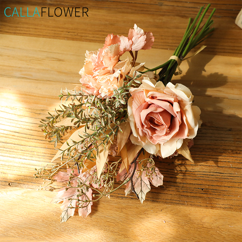 YC1058 Handmade Exquisite Silk Rose Eucylaptus Leaves Flower Bouquets Artificial Wall Decor Bouquet Flowers