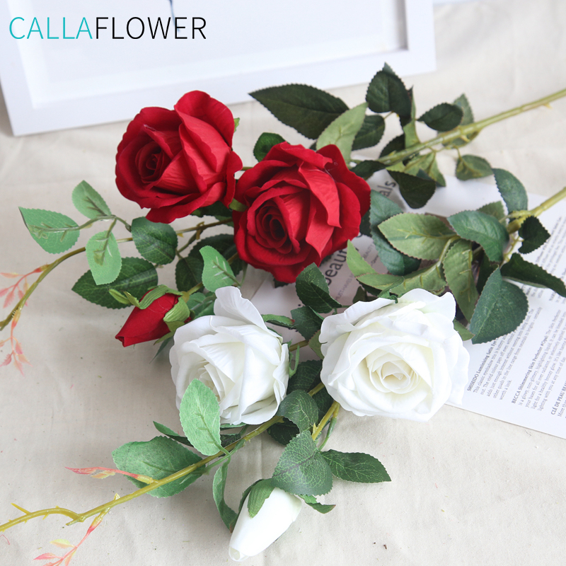 MW03333 3 глави изкуствена коприна роза цвете клон за домашен офис сватбена декорация