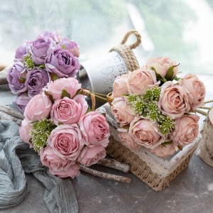 CL04001 High Quality Direct Sale Artipisyal na Silk Plastic Greenery Rose Bundle na may 12 Para sa Home Garden Wedding Party Dekorasyon