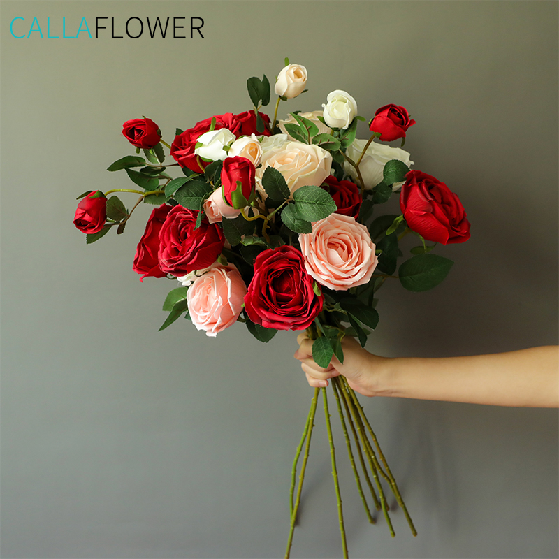 Rose design faite à la main, avec une branche et deux têtes, décoration florale artificielle, vente en gros, YC1046