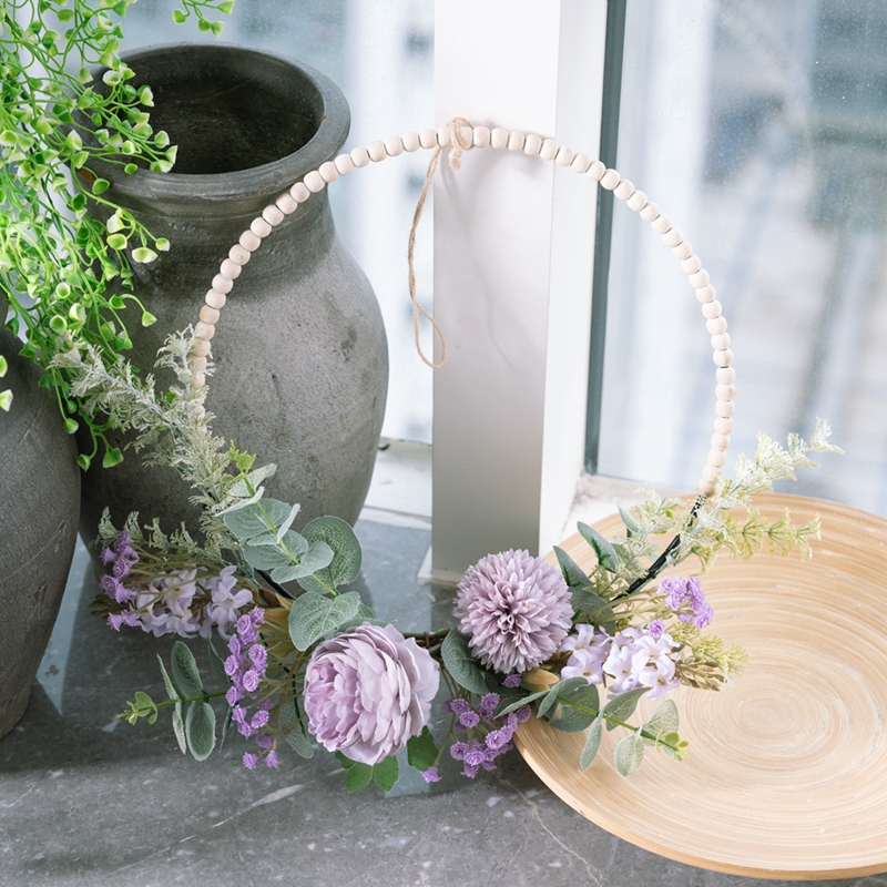 CF01310 Good Quality Artificial Silk Peony Fabric Eucalyptus Plastic Greenery Half Wreath With Bead For Wedding Decoration