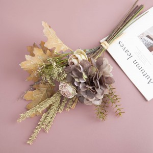 CF01210 High Quality Luxury Artificial Flower Hydrangea Dry-burnt Rose Acorn Leaf Bouquet for Home Party Wedding Decoration