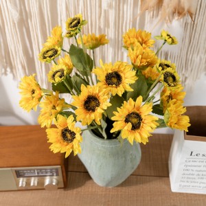DY1-2185 3 Mitu Ya Yellow Flores Yopangira Maluwa Silk Sunflower Ukwati Wokongoletsa