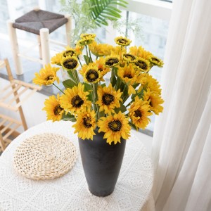 DY1-2185 3 หัวสีเหลือง Flores ดอกไม้ประดิษฐ์ผ้าไหมดอกทานตะวันงานแต่งงานตกแต่ง