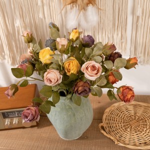MW66008 mesterséges selyem virág, ősz, 2 fej, 1 bimbós rózsaág barkácsoláshoz, esküvői csokor asztali középső lakberendezéshez