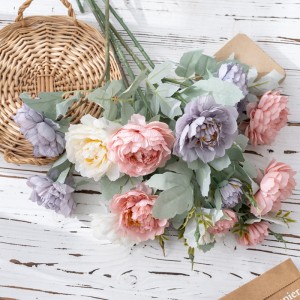 MW64234 Arreglo de peonía rosa artificial de seda grande con tres flores ramo de flores de boda nupcial