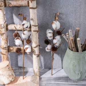MW61180 Stelo di fiore in batuffolo di cotone bianco naturale a 4 rami stile INS sfuso per decorazioni per la casa