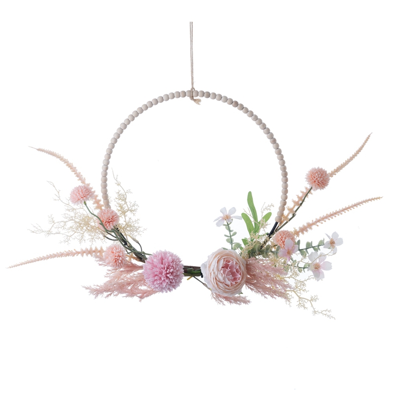 CF01308 New Design Artificial Silk Ball Chrysanthemum Fabric Peony Half Wreath With Other Wild Flowers And Bead For Door Deco