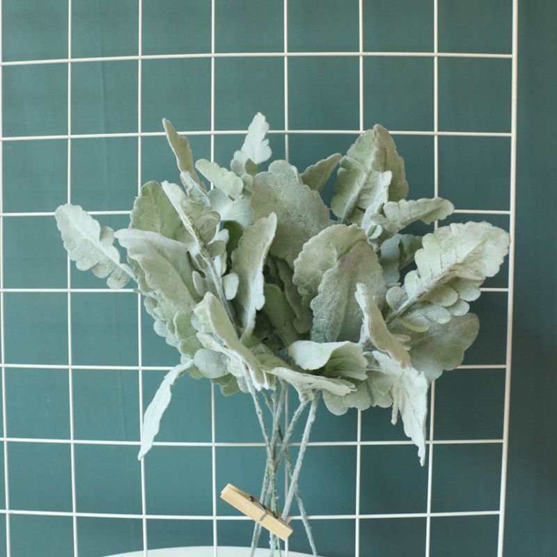 DY1-3646 Kunstig flokkende realistisk grønne bladplante Salvia/Senecio Cineraia/Støvede Miller-blade til dekoration 1 køber
