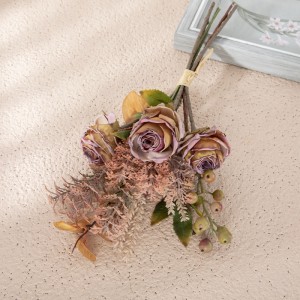 CF01225 ການອອກແບບໃຫມ່ ດອກກຸຫລາບ ດອກໄມ້ທຽມ Fabric Dry Burnt Brown Roses Bouquet for Home Decoration