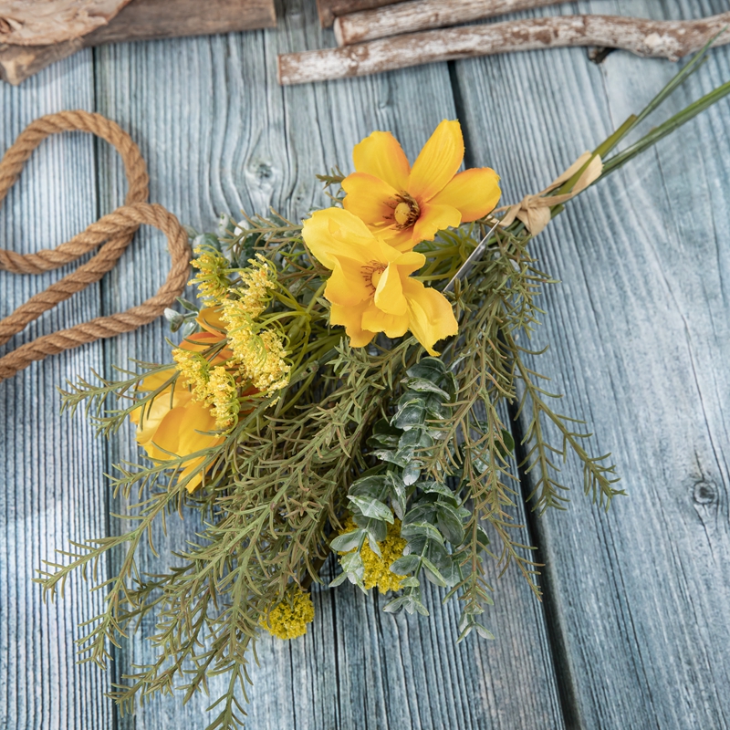 CF01253 Bouquet de chrysanthème et d'eucalyptus de Cosmos jaune foncé, fleur artificielle, pour décoration de fête de mariage et d'événement