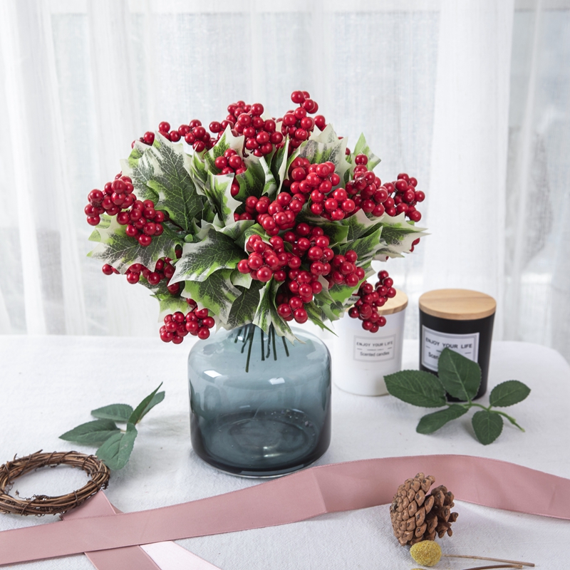 GF15968 Christmas red Stem Long Berry Decoration Artificial Berries Leaf Spray