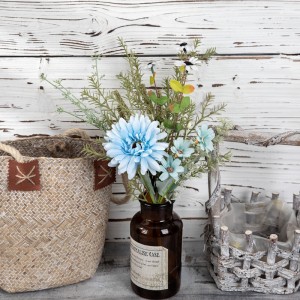 CF01257 Buket Bunga Gerbera Marigold Kain Biru dengan Buket Bunga Buatan Rumput Jagung Plastik Rosemary Vanilla Malt Grass