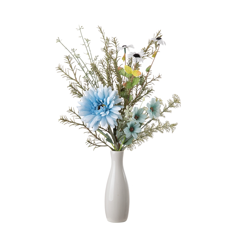 CF01257 Blue Fabric Gerbera Marigold Bouquet with Plastic Corn Grass Rosemary Vanilla Malt Grass Maua Bandia Bouquet