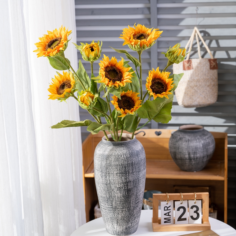 GF14710 Tinggi 87cm bunga matahari tiruan 3 kepala hiasan bunga batang liar gergasi