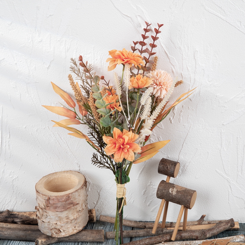 CF01236 Ramo de eucalipto de diente de león y Dalia naranja de flores artificiales para decoración de eventos de boda en casa