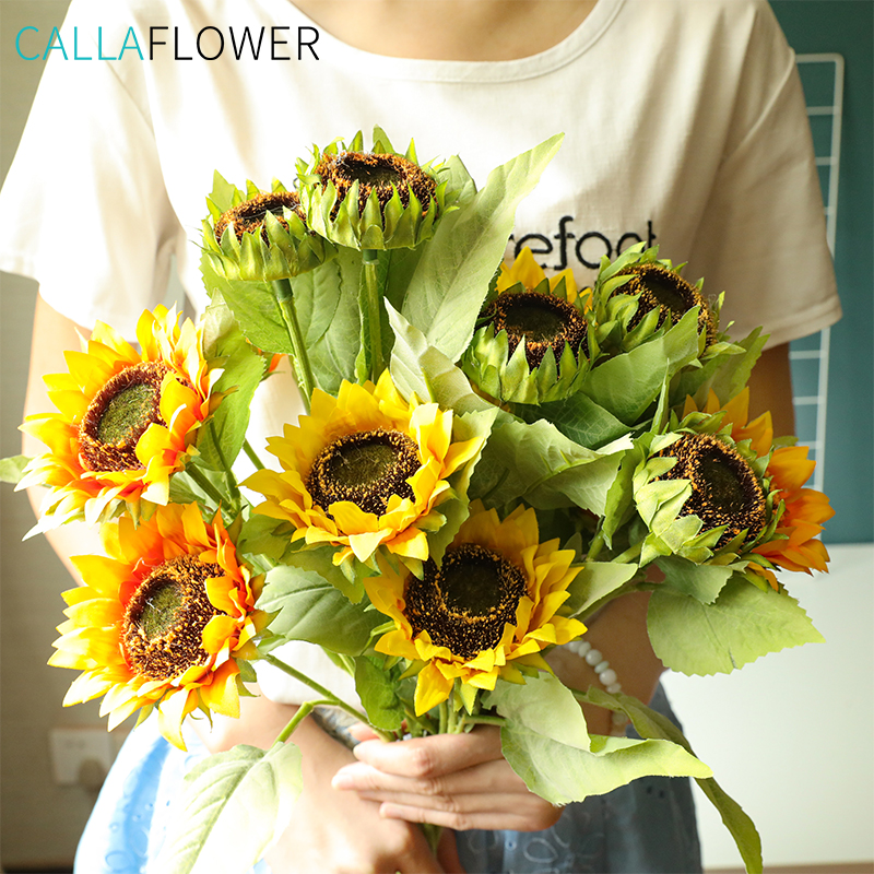YC1037 ดอกทานตะวันสีเหลือง 3 หัวสีเหลืองสีส้มช่อดอกไม้ดอกทานตะวันดอกไม้ประดิษฐ์ดอกทานตะวัน