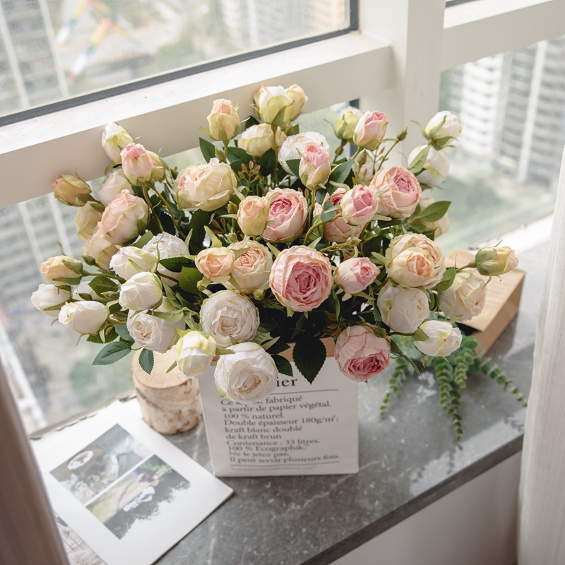 MW52001 Bunga Mawar Buatan Batang Panjang 2 Kepala Mawar Sutra untuk DIY Bouquet Pernikahan Meja Pusat Dekorasi Rumah