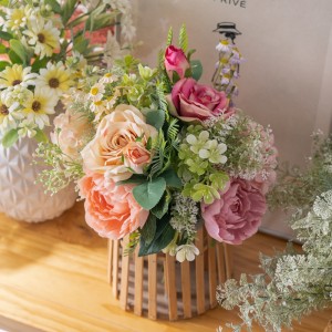 CF01332 Fabrîkaya Çîn Firotana Rasterê ya Hevrîşim Artificial Hydrangea Fabric Peony Rose Bouquet With Accessories Plastic For Wedding Deco