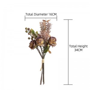 CF01225 New Design Artificial Flower Bouquet Fabric Dry Burnt Brown Roses Bouquet for Home Decoration