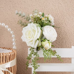 CF01214 New Design Ivory Fabric Artificial Rose Small Bouquet with Clip for Garden Wedding Decoration