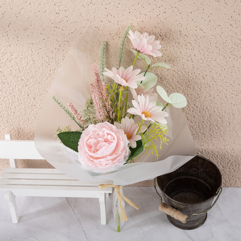 CF01228 New Design Artificial Flower Bouquet Fabric White Pink Sunflower Rose Handle maka ihe ndozi agbamakwụkwọ nke ụlọ