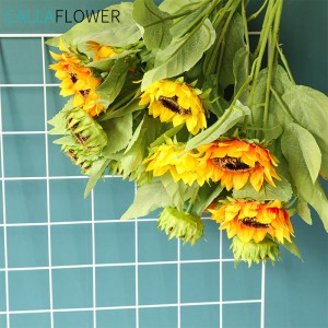 YC1037 ดอกทานตะวันสีเหลือง 3 หัวสีเหลืองสีส้มช่อดอกไม้ดอกทานตะวันดอกไม้ประดิษฐ์ดอกทานตะวัน