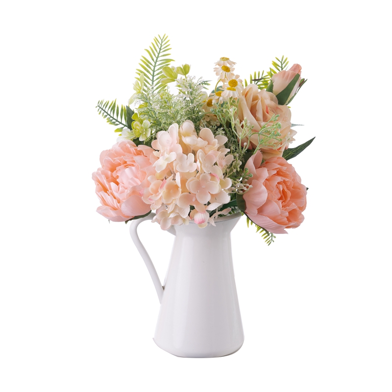 CF01332 Shitje direkte nga fabrika e Kinës Buqetë me trëndafila bozhure me pëlhurë artificiale mëndafshi me lulebore me aksesorë plastikë për dekor dasmash