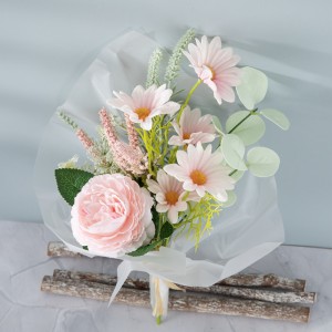 CF01228 Naqshad Cusub oo Ubaxa Artificial Bouquet Fabric White Pink Sunflower Rose Handle ee Qurxinta Arooska Guriga