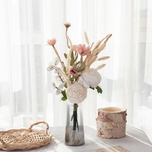 CF01237 Umetno cvetje, bela vrtnica, roza šopek divjih krizantem, poročni cvetlični aranžmaji za poročni dekor na domači zabavi