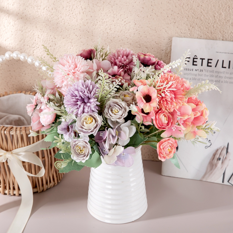 MW95001 ດອກໄມ້ທຽມ Bouquet Fabric Rose Dandelion Bunch ສໍາລັບເຮືອນພັກການຕົກແຕ່ງ Wedding