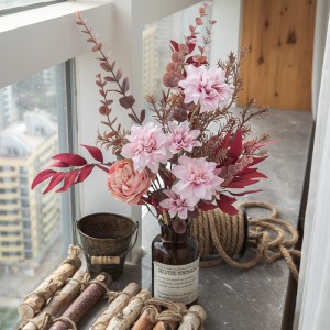 CF01279Dahlia Tea Rose Bamboo Leaf Bunch Silk Artificial Flower Bouquet Home Living Room Bathroom Plant Decor Table