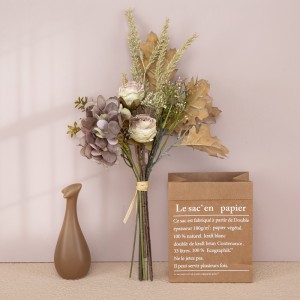 CF01210 ຄຸນນະພາບສູງ Luxury Artificial Flower Hydrangea Dry-burnt Rose Acorn Leaf Bouquet for Home Party Wedding Decoration