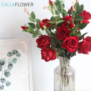 MW03333 3 हेड्स कृत्रिम रेशम गुलाब फूल शाखा गृह कार्यालय विवाह सजावटको लागि