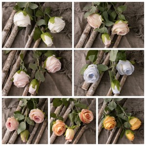 MW66009 Artificial Silk Flower Spring 2 Heads 1 Bud Rose Branch for Wedding Party Office Home Decor