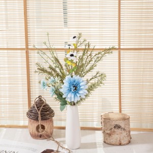 CF01257 Μπουκέτο από μπλε ύφασμα ζέρμπερα κατιφέ με πλαστικό καλαμπόκι δεντρολίβανο βανίλια βύνη γρασίδι τεχνητά λουλούδια