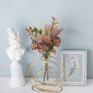 CF01225 Naujo dizaino dirbtinių gėlių puokštė iš audinio, sausų degtų rudų rožių puokštė namų dekoravimui