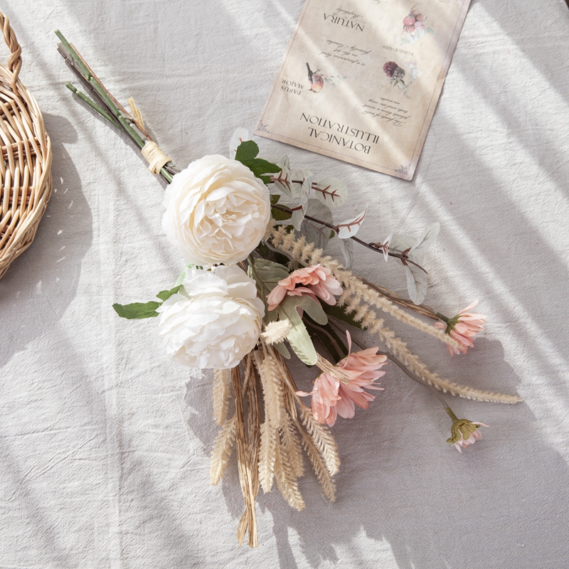 CF01237 Штучная кветка, белая ружа, ружовы букет з дзікіх хрызантэм, вясельныя кветкавыя кампазіцыі для хатняга вясельнага дэкору