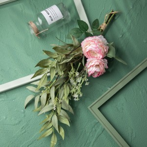 CF01235 Artipisyal na Bulaklak Pink Rose Bamboo Leaves Bouquet para sa Wedding Home Hotel Party Party na palamuti sa hardin