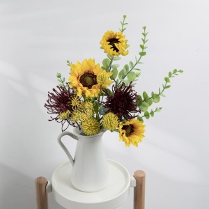 CF01265 Bouquet di fiori artificiali Girasole giallo puntaspilli Pacchetto di eucalipto per centrotavola di fiori Vaso da tavolo Decorazioni di nozze