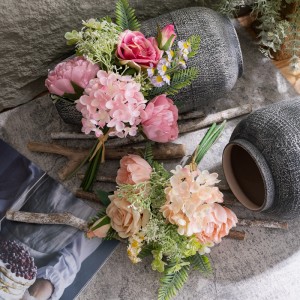 CF01332 China Factory Direct Sale Artificial Silk Hydrangea Fabric Peony Rose Bouquet na ngwa plastik maka Wedding Deco