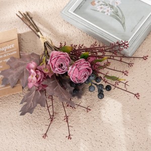 CF01224 New Design Artificial Flower Bouquet Dried Burnt Rose Hydrangea Red Bouquet for Home Party Wedding Decoration