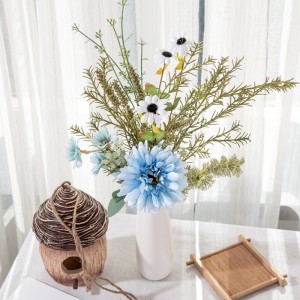 CF01257 Bouquet di gerbera di calendula in tessuto blu con bouquet di fiori artificiali di erba di mais in plastica, rosmarino, vaniglia, malto