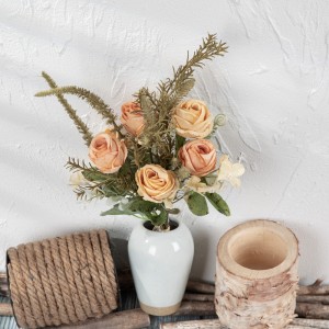 CF01250 Bouquet de 6 Roses Orange clair artificiel | Pour décoration de fête à domicile, Bouquet d'automne, pièce maîtresse de mariage