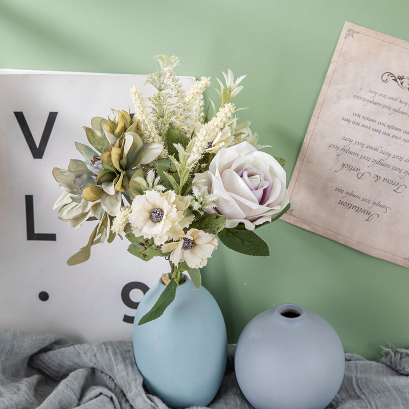 CF01207 Yeni Tasarım Yapay Kumaş Çiçekler Sevgililer Günü hediyesi için Beyaz Gül Yeşil Dahlia Buketi