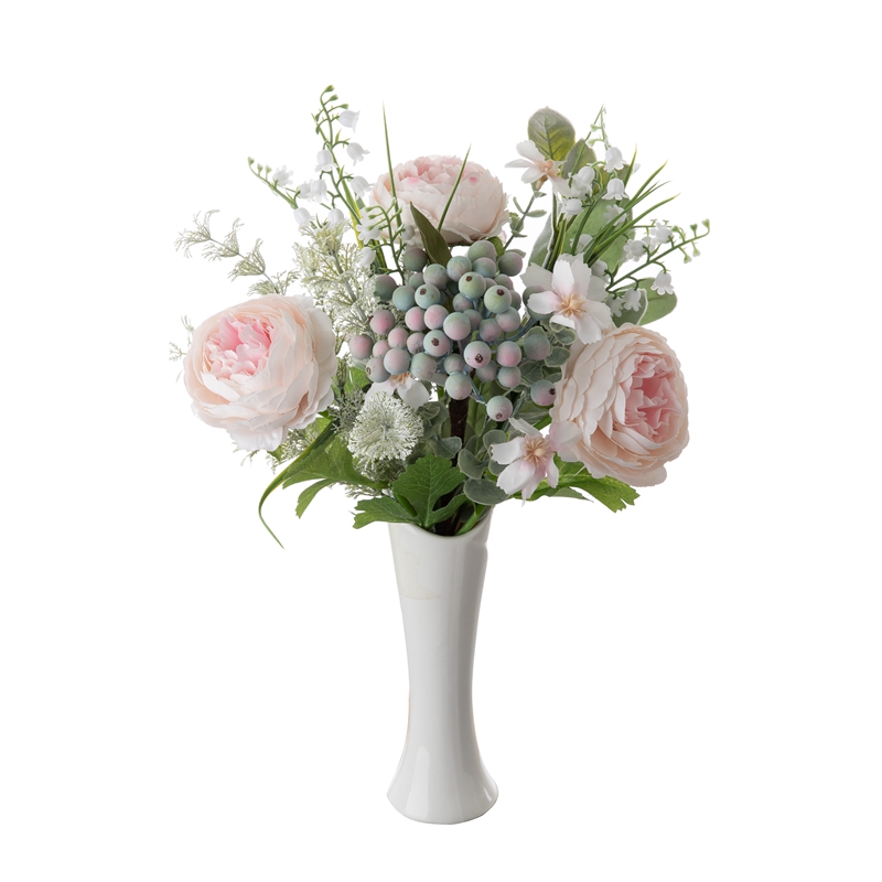 CF01293 Three Pink Peonies with Berry Leaves Design Flower Arrangement Artificial Flower Bouquet for for Home Decoration